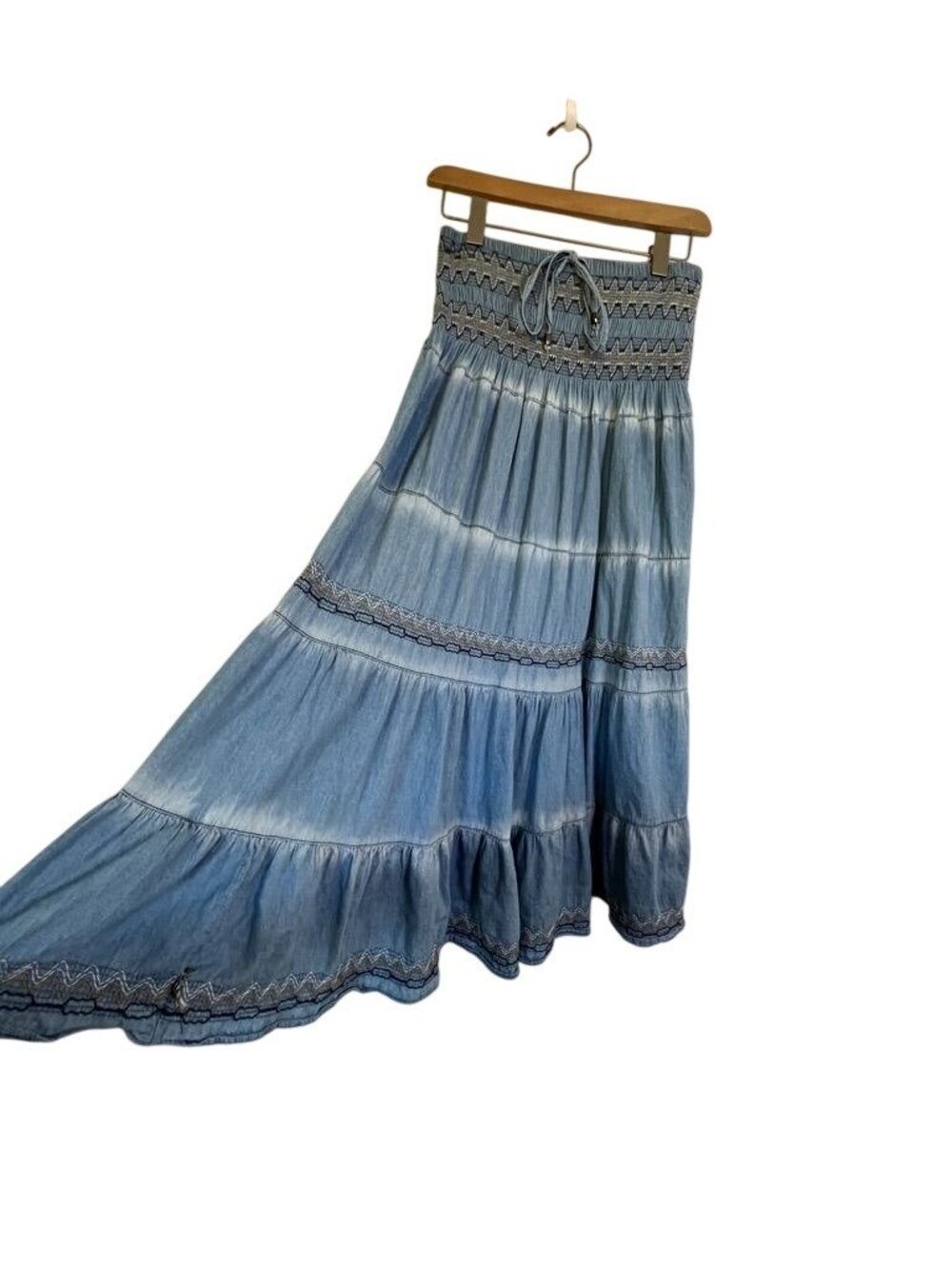 Boho Indigo Lace Womens Sz S Broomstick Maxi Skirt Smocked Tiered Embroidered - Picture 3 of 14